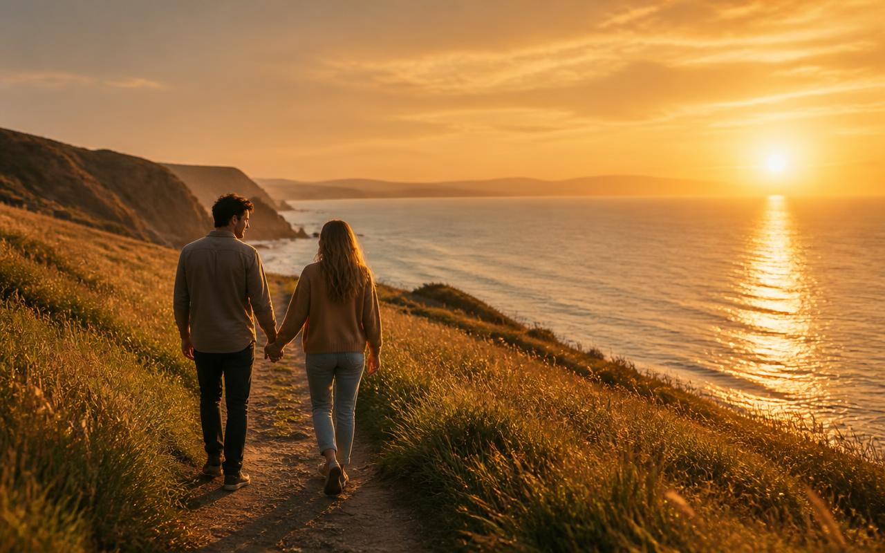 A couple sitting together outside at sunset