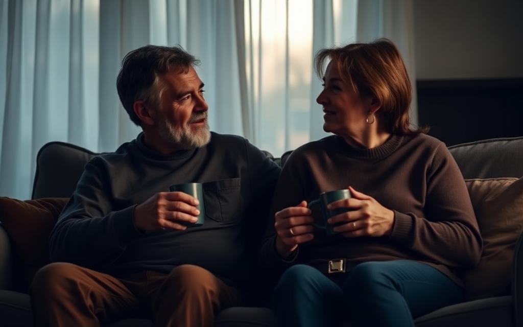 An older man and woman sitting together in conversation